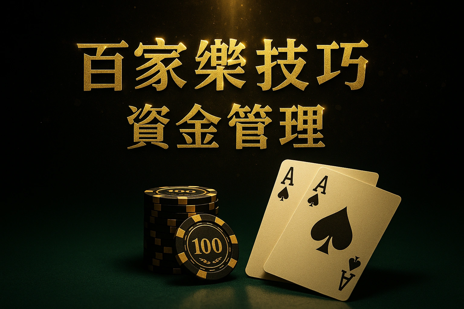 百家樂技巧與資金管理示意圖：黑金風格文章用圖，聚光燈下的籌碼與撲克牌