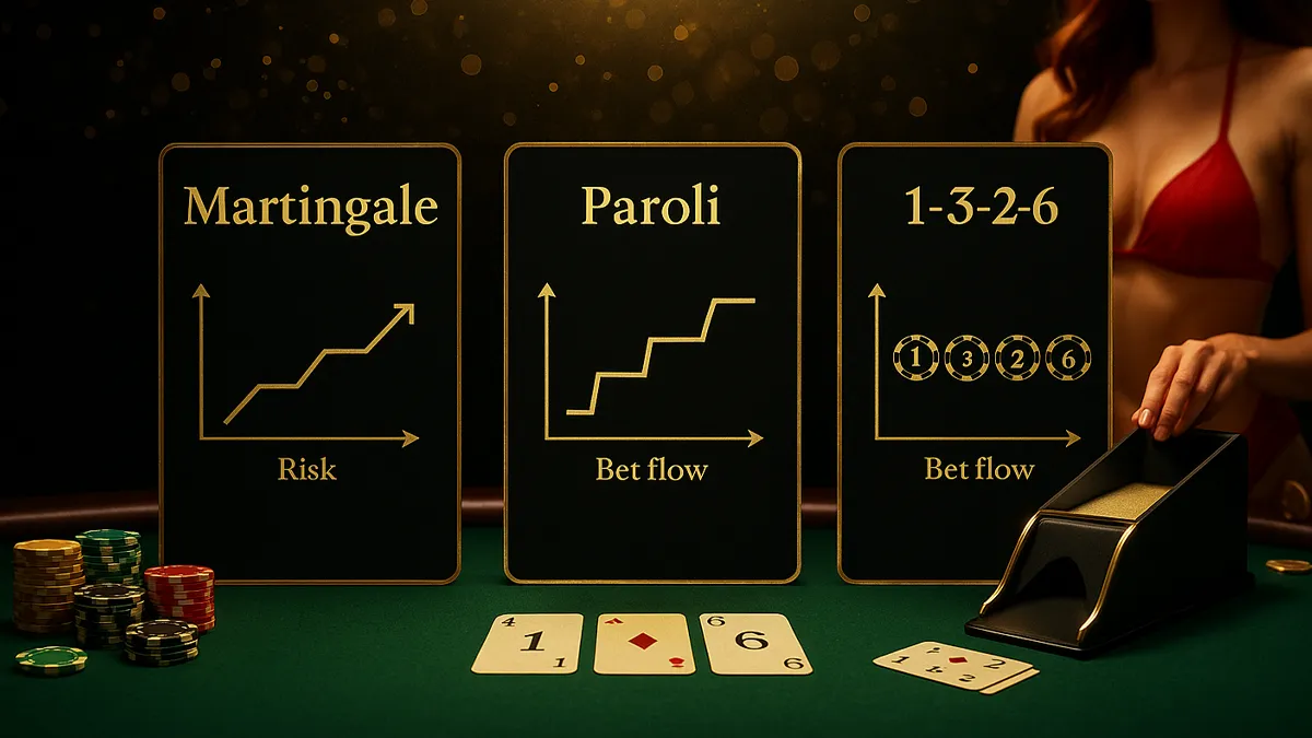 注碼法策略對比圖：Martingale、Paroli、1326 的節奏與風險