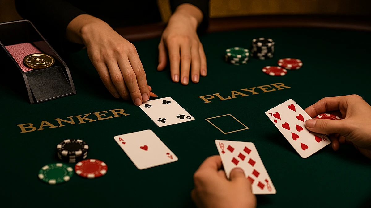 真人百家樂牌桌場景，荷官與籌碼營造沉浸式賭場氛圍
