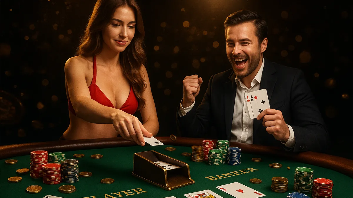 百家樂黑金主視覺與賭桌氛圍（聚光燈、籌碼、牌靴）