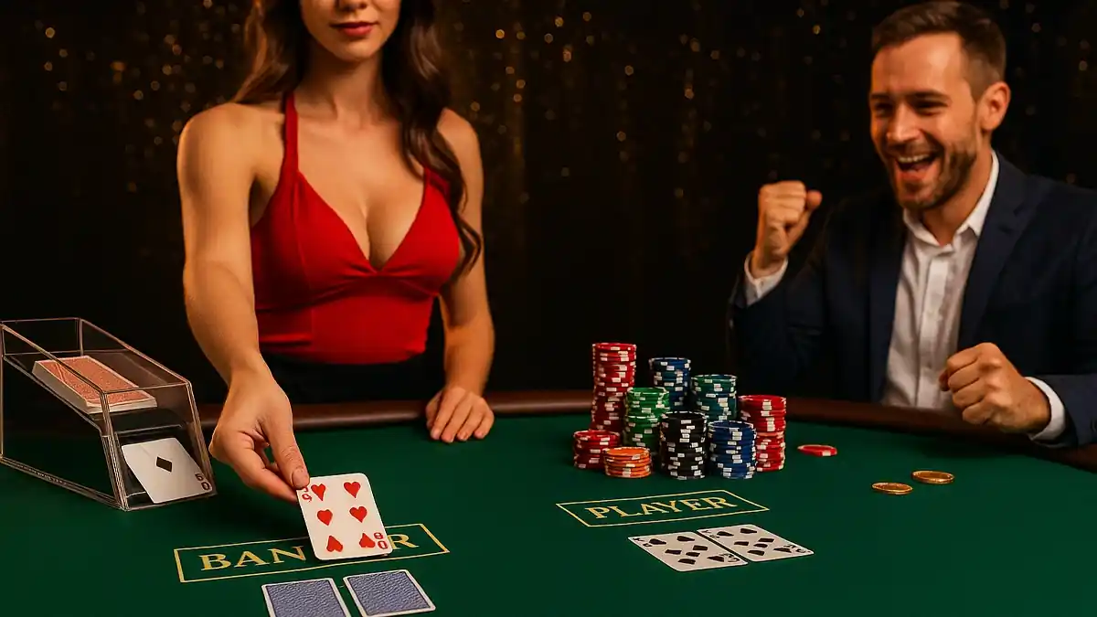 百家樂技巧主視覺：荷官發牌、籌碼與接近九點的牌面