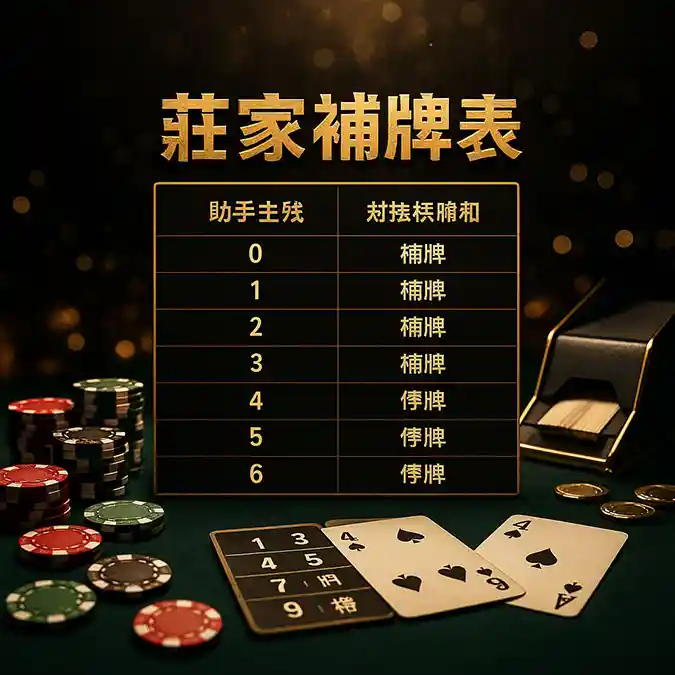 莊家第三張牌補牌表：需參考閒家第三張牌點數的對照圖