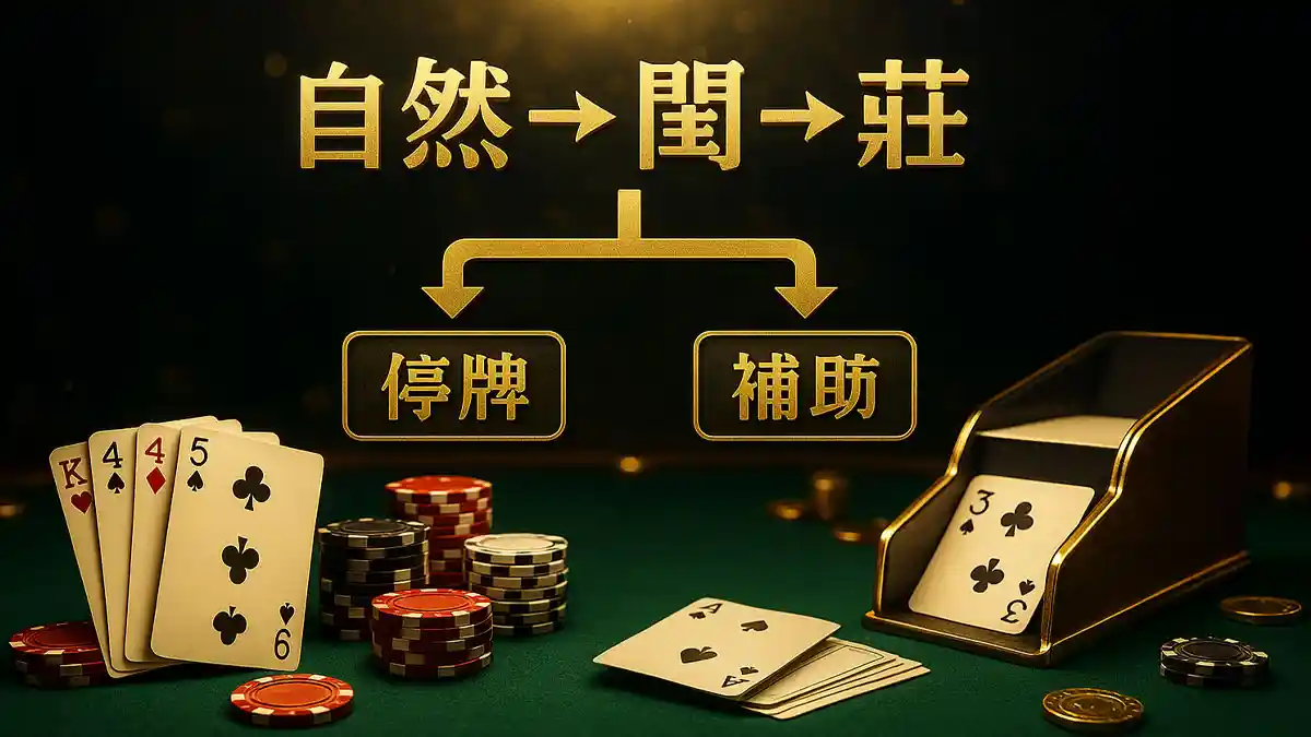 百家樂補牌口訣與決策流程圖：自然→閒→莊