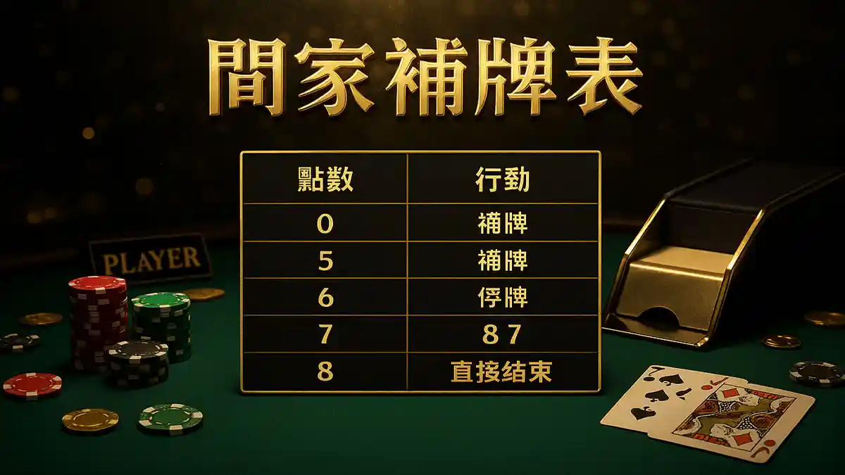 閒家補牌表：0到5補、6或7停、自然8或9直接結束