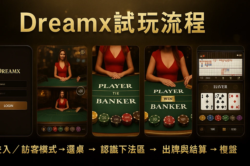 Dreamx 百家樂試玩流程示意：從登入到第一把下注