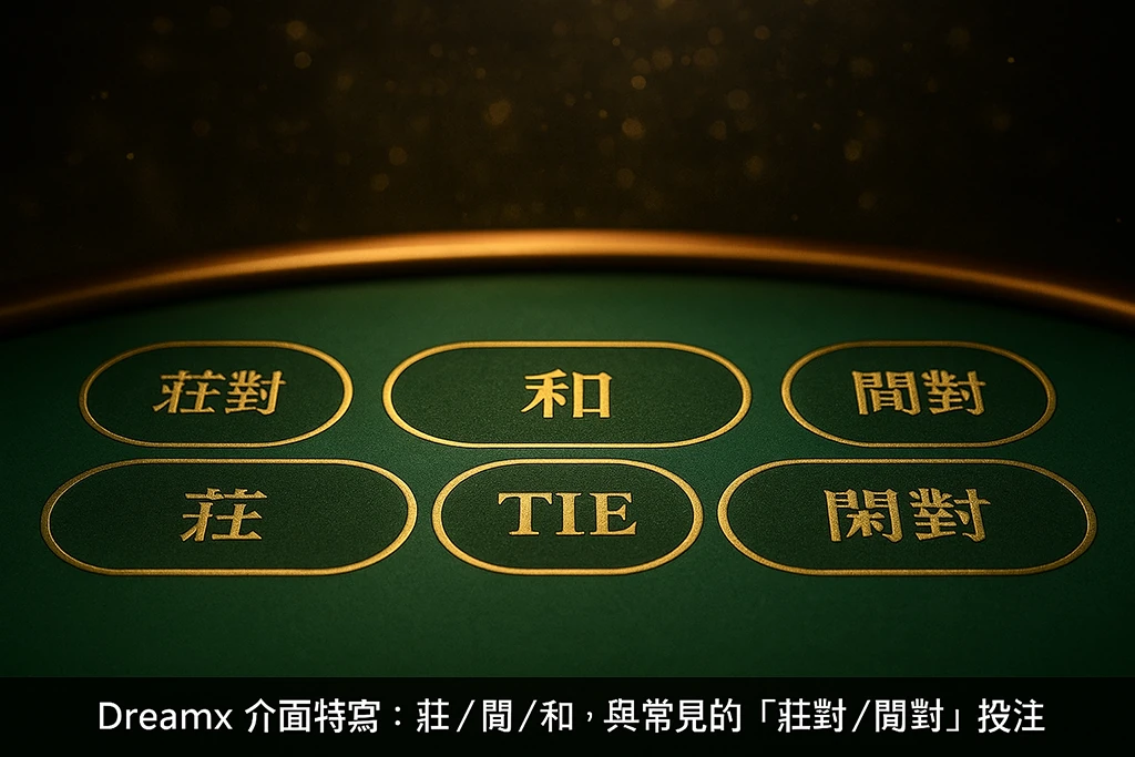 Dreamx 百家樂試玩介面特寫：莊閒下注區、和局與對子標示