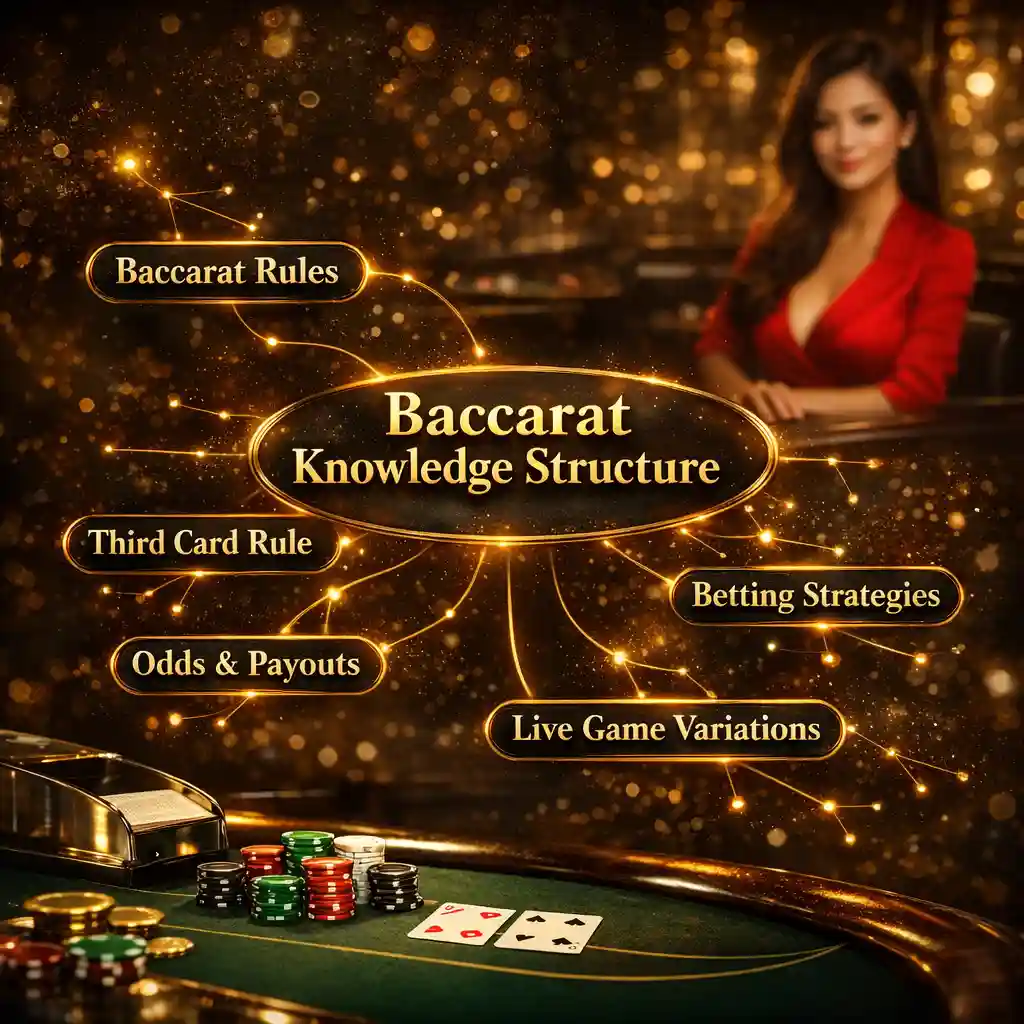 香港網上百家樂知識架構圖，涵蓋規則、第三張牌補牌機制、莊閒賠率與投注策略