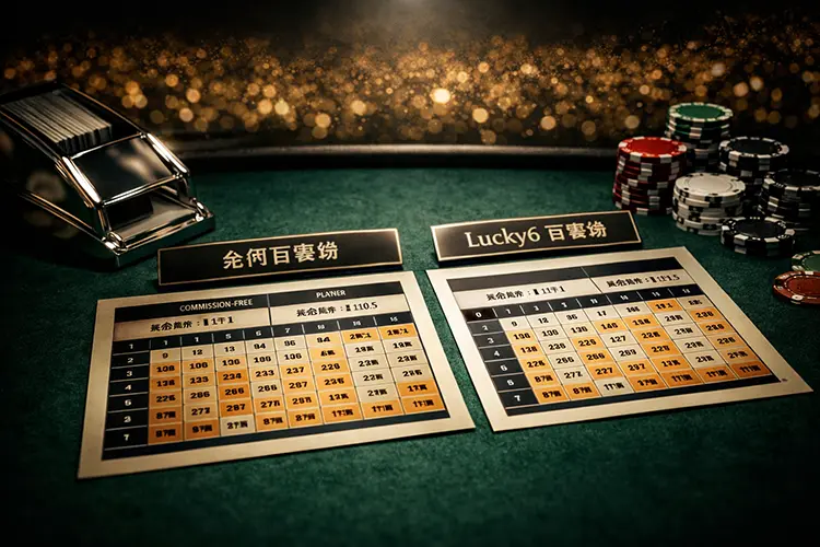 百家樂免佣與Lucky6補牌與賠率差異圖
